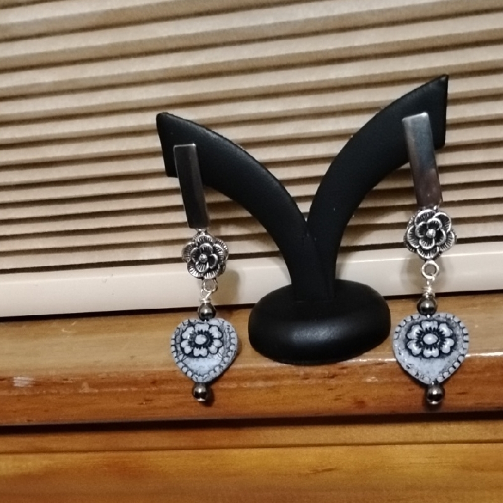 Hand Crafted Floral Heart Silver Stud Pierced Earrings